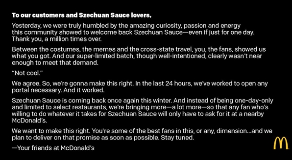 McDs Szedchuan Sauce fail apology - © 2017 McDonalds